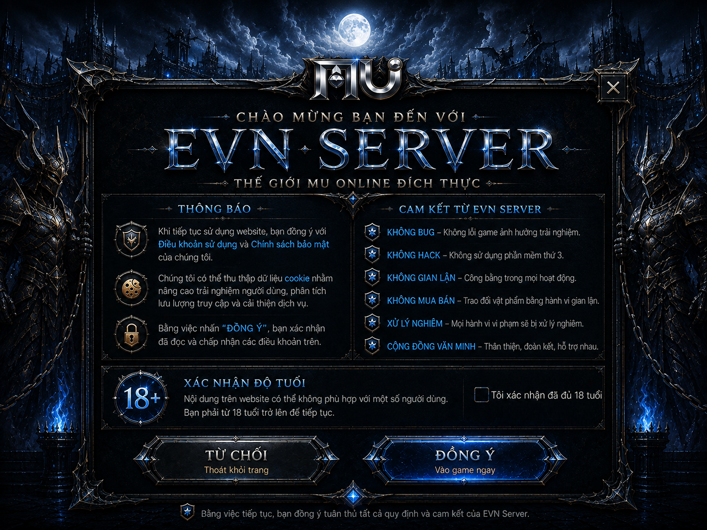 Thông báo, cam kết cộng đồng và xác nhận độ tuổi trước khi truy cập EVN Server